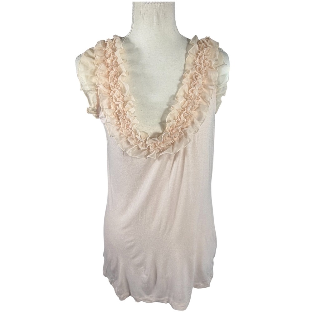 H&M Ruffle V-Neck Top Womens Large Blush Pink Sheer Trim Sleeveless - Picture 2 of 12